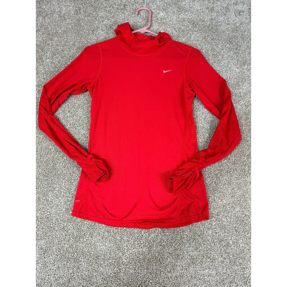 Nike Running Dri-FIT Hoodie Womens XS Red Long Sleeve Thumbhole Top Gym Train - Picture 1 of 13